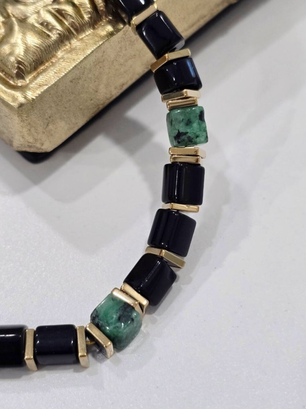 Handmade ✦ Black Onyx & Dragons Blood Stone Bracelet ✦ Gold Hematite Adjustable - Picture 9 of 11